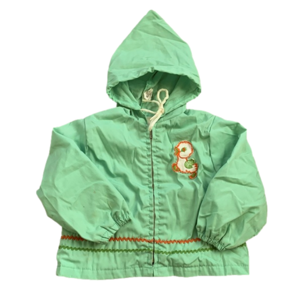 Vintage Mint Green Ric Rac Embroidered Duck Hooded Windbreaker 18 Months